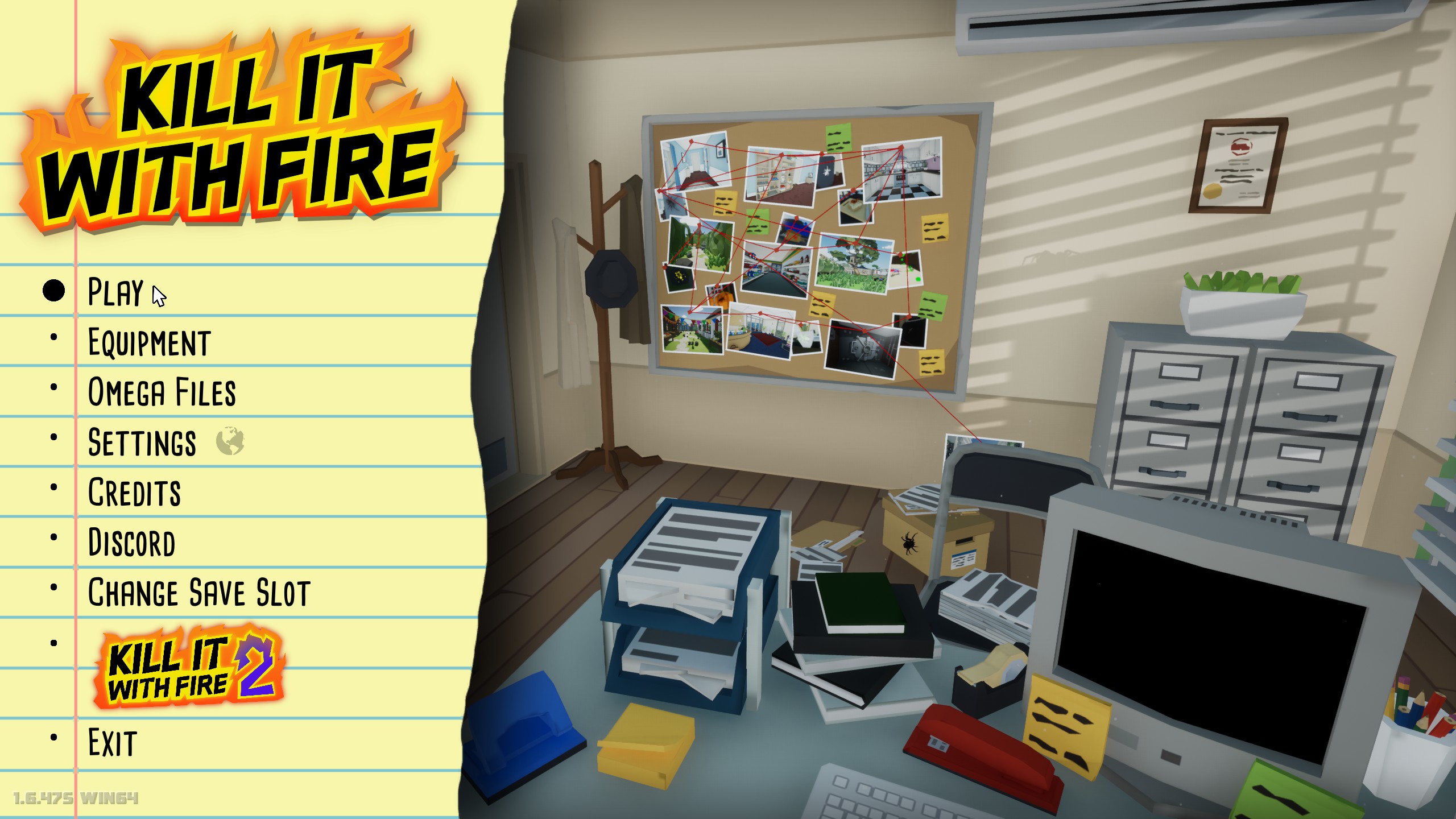 An image of the title menu for the game 'Kill it with Fire'