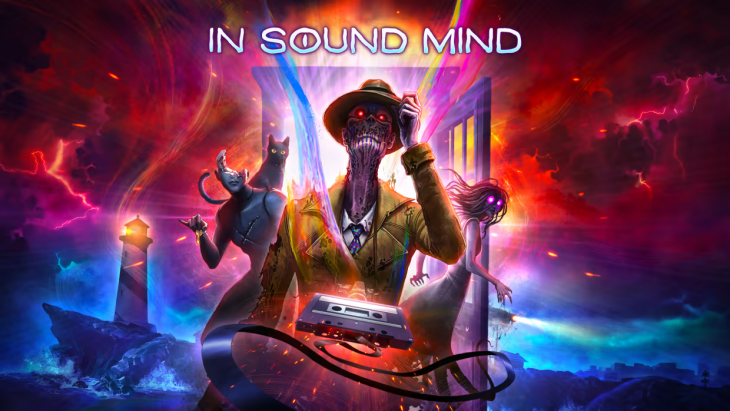 In Sound Mind Key Art that features a man with a purple skin in a frayed raincoat and a hat in the center, a mangled mannequin with a cat on its shoulder on the left and a dark-purple spirit of a woman on the right. Behind them is a door from which a rainbow inconsistent light is shining.light
