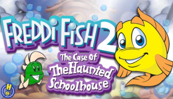 The game logo. Features a small green smiling fish on the left, a big yellow smiling fish on the right, and the title 'Freddi Fish 2: The Case of the Haunted Schoolhouse' in bubbly letters in the middle.