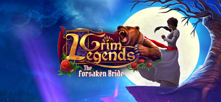 The game logo. Features a girl in a wedding dress on a cliff against the full moon and a stylized title in the middle, in golden letters, entwined with roses and held by a bear: 'Grim Legends: The Forsaken Bride'.