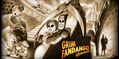 The game logo. Features a Grim Reaper with a scythe hugging a skeleton lady, with characters and buildings in the background. The picture is rendered in sepia. In large golden letters near the bottom, it reads: "Grim Fandango Remastered".