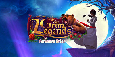 The game logo. Features a girl in a wedding dress on a cliff against the full moon and a stylized title in the middle, in golden letters, entwined with roses and held by a bear: 'Grim Legends: The Forsaken Bride'.