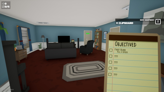 An image of a room and the player holding a clipboard