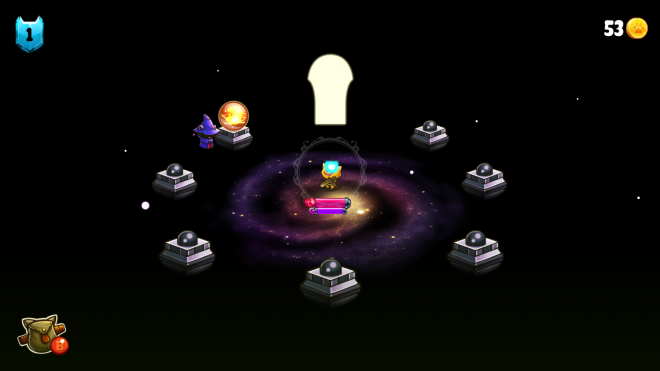 A cat stands in a dark room on a galactic spiral, surrounded by dark orbs, one of which is flaming. There's a light doorway in the back.