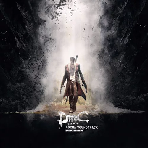 A young man in a black coat with two guns in his hands and a sword on his back in a beam of white light amid darkness. Below him is written: 'DmC: Devil May Cry. Noisia Soundtrack'.