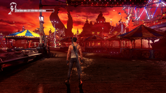 A man in a T-shirt and jeans with a sword on his back amid a hell-like distorted appearance of an amusement park.