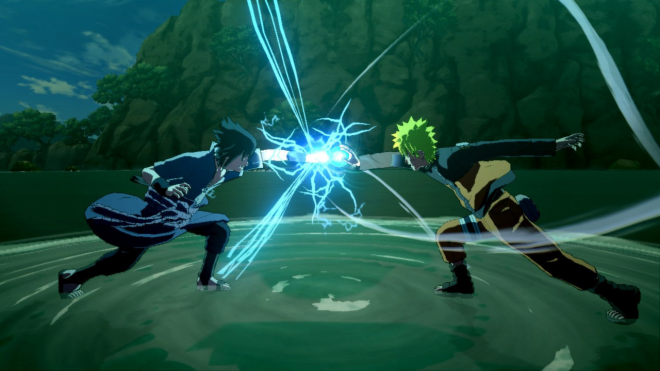 Sasuke and Naruto fighting in the battlefield, game screenshot, PS5, Naruto and in the style of Naruto, full-body shot, game screenshot, green background, light blue electric energy waves flowing around them.