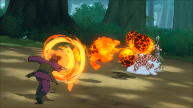  Screenshot from the game Naruto Shippuden, fighting with Susano'o of the dark priest and his fire jutsu on the ground.