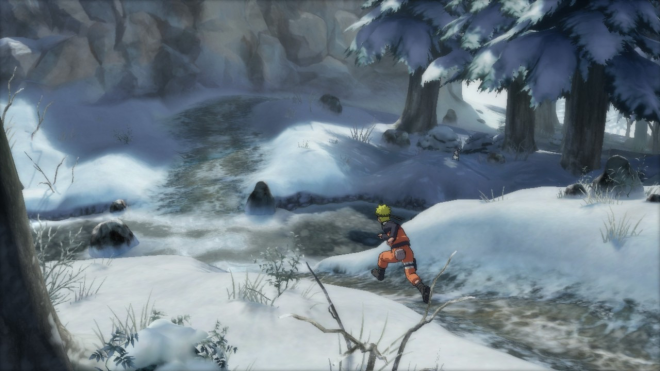 Screenshot from the PS2 game Naruto Shippuden. Naruto, in his iconic orange and yellow outfit, is running through an icy forest, with Unreal Engine 5 graphics style.