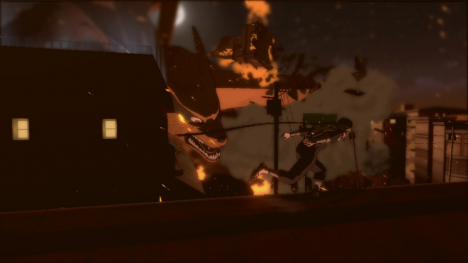 screenshot of the game, an anthropomorphic dragon throwing a man across roof in dark city alley, fire and smoke around him, low angle camera view, cell shaded anime style