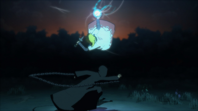 Screengrab from the anime "Naruto" of an anthropomorphic blue snake wearing white gloves and chainmail armor, floating in midair above ground.
