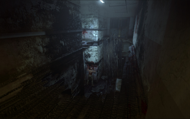 Screenshot of a first-person horror game, an abandoned and ruined, dirty basement with dark, creepy walls covered in peeling paint and splattered red slime everywhere.