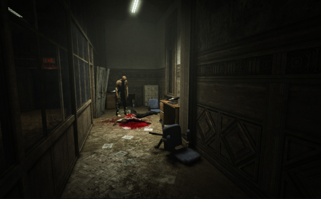 Screenshot from a horror game, depicting an abandoned office with the dead body of a man on the ground and a knife in his back, in a dark atmosphere.