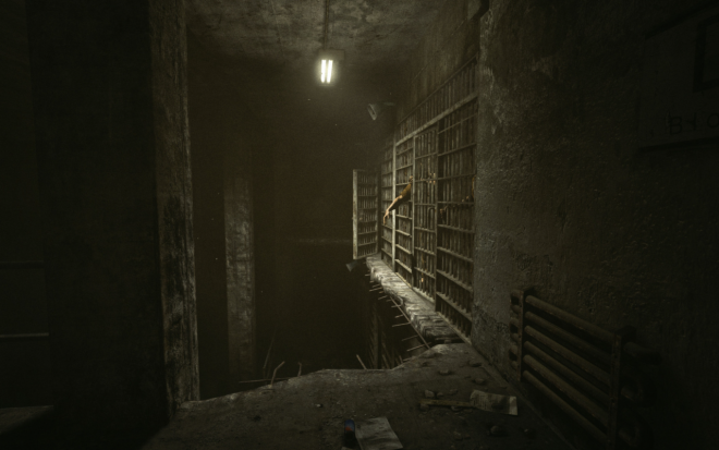 Screenshot of a horror game, abandoned prison cell with high shelves and broken bars, dark environment.