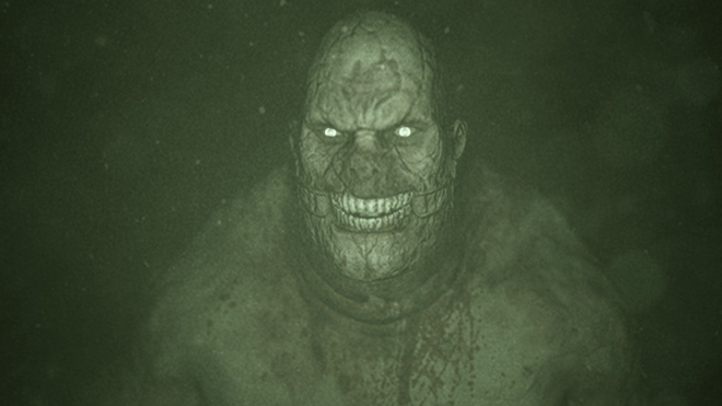 A greenish, shadowy face with glowing white eyes, smiling menacingly, creates a dark and ominous mood