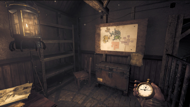 A game screenshot of an old wooden room with maps and tools on the wall, a small clock is visible in one corner. A chest sits under some shelves, and the camera angle is slightly elevated to show part of another shelf above it.
