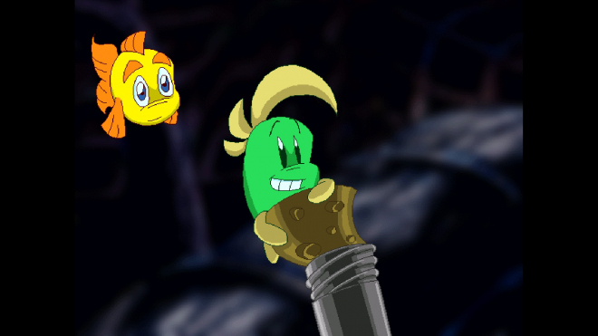 A small green fish tries to get the cork out of a pipe while a big yellow fish is watching.