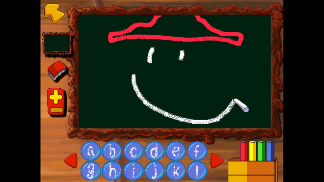 A blackboard with a goofy smiling guy in red hat painted on it.