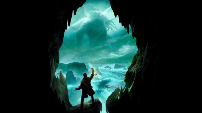A fissure in a rock in the background of which stands a man with a lantern and looks at a giant figure of Cthulhu rising from the ocean's depth.
