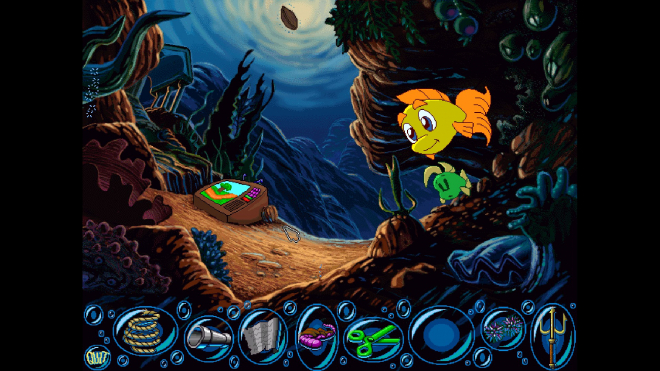 The gameplay screenshot. Features two fishes: big yellow and small green - on the right side and a TV on the left side.