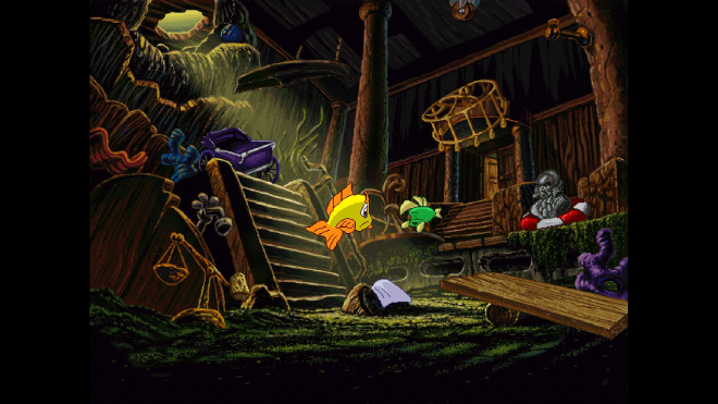 Two fishes - a big yellow one and a small green one - are in a cluttered underwater room. The background is pixelated.
