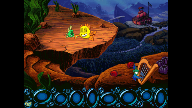 Two fishes - a big yellow one and a small green one - dance on a cliff while another fish plays a harp.