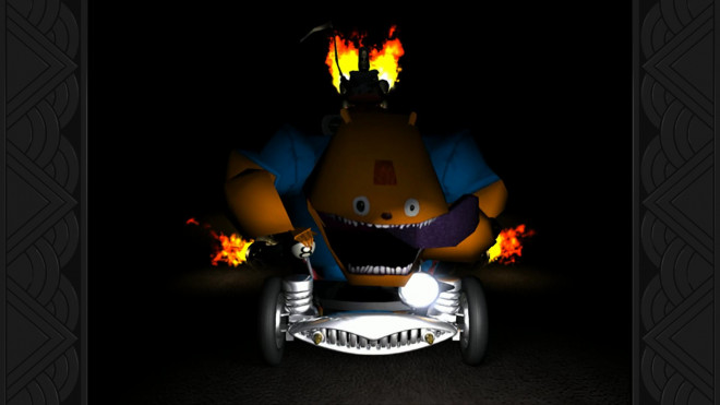 A weird-looking creature is sticking its tongue out and riding in a racing car with flames trailing behind it.
