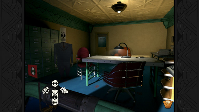 A skeleton stand in an office. A mouse cursor points to a pipe and shows possible actions: 'Look', 'Take', and 'Do something with it'.