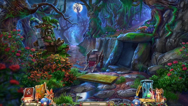 A rainy night forest. A cliff with a hideout to the right, a big wooden idol to the left. The full moon hides behind the trees.