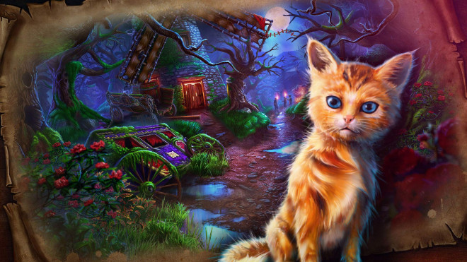 A picture of a broken carriage near the windmill on a scroll. To the right of a scroll sits an orange cat.