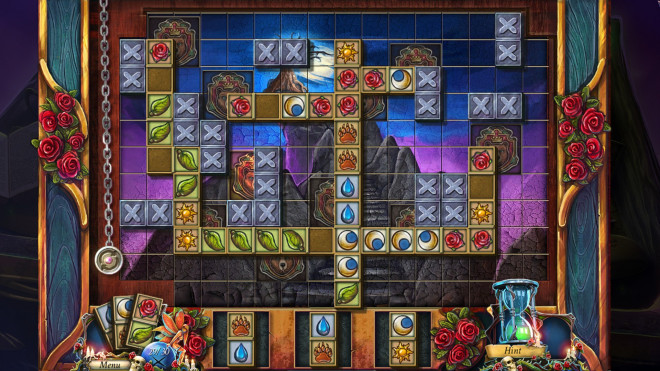 A stylized domino game - features tiles with bears, roses, suns, moons, leaves, etc.