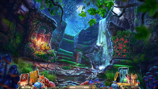 A serene scene during the night: a shrine with a goddess covered in flowers to the left, a waterfall and roses to the right. Above all that - full moon peeking through the tree branches with young green leaves.