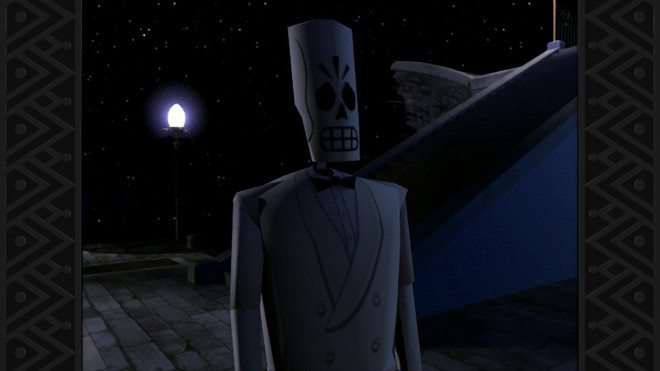 A skeleton in a white tuxedo at night.