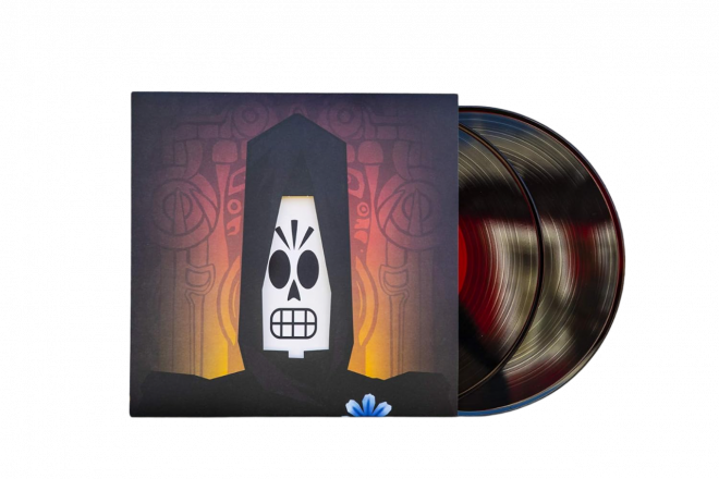 A record jacket with a grim reaper on the cover - and vinyl plates sticking from the side.
