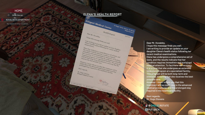 health_report_from_daughter_Elena's_doctor_discussing_serious_and_costly_medical_issues_in_Crime_Scene_Cleaner